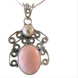 Pink Opal, Freshwater Pearl & Sterling Silver Pendant Necklace